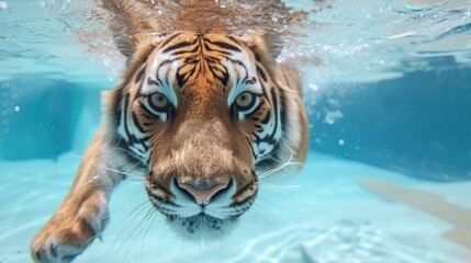Hilarious underwater scene tiger in pool plays deep dive action, Ai Generated.