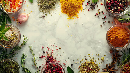 Colorful dry herbs and spices for cooking food white kitchen table background top view space for...