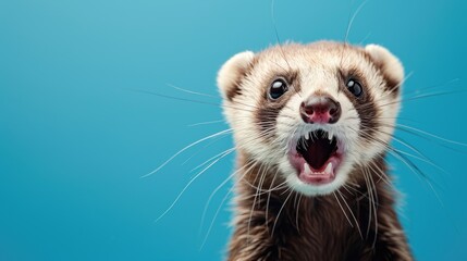 A humorous ferret peers through a ripped hole in a contrast pastel color paper background, Ai...