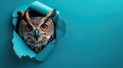 A humorous owl peers through a ripped hole in a contrast pastel color paper background, Ai Generated