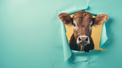 A humorous ox peers through a ripped hole in a contrast pastel color paper background, Ai Generated