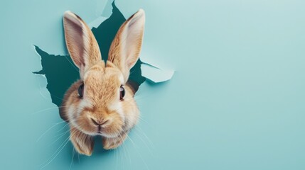 A humorous rabbit peers through a ripped hole in a contrast pastel color paper background, Ai Generated