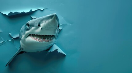 A humorous shark peers through a ripped hole in a contrast pastel color paper background, Ai...