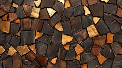 Elevate your space with a 3D wallpaper mimicking a luxurious wood and gold mosaic decor. Ai Generated.