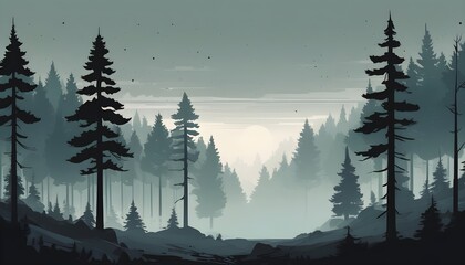 Foggy Forest Digital Painting Fog Trees Landscape Background Minimalistic Nature Design