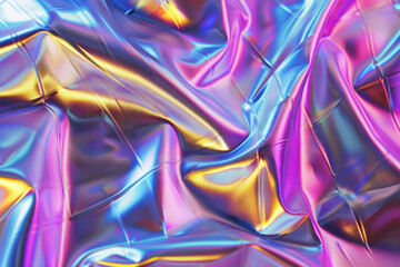 Texture of holographic foil with iridescent colors and reflective properties. 