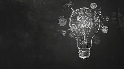 Creative black and white light bulb doodle art on chalkboard background. Ai Generated.