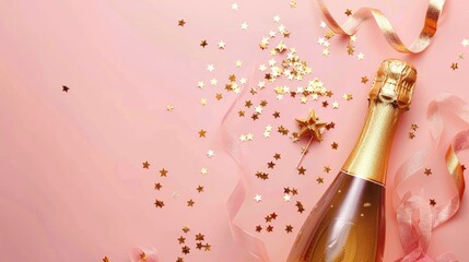 Festive celebration background featuring a golden champagne bottle. Ai Generated.