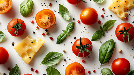 Colorful pizza ingredients pattern made of cherry tomatoes, basil and cheese on white background,...