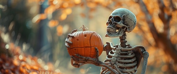 Halloween holiday concept featuring a scary skeleton with a pumpkin 🎃💀 The scene is set against a backdrop of colorful autumn leaves, creating a spooky yet festive atmosphere. The skeleton's bony