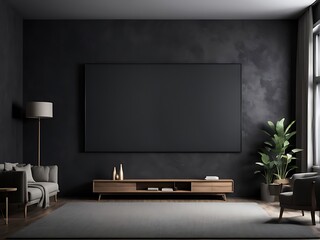  Large empty screen in a living room interior on an empty dark wall background design,3D rendering 