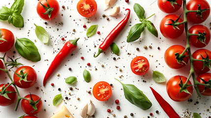 Colorful pizza ingredients, Tomatoes, cheese, chilli peppers and basil leaves on white background,...