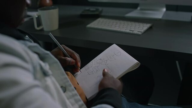 Medium of hands and midsection of young African American IT professional sitting in chair at desk in office, drawing algorithm or scheme for software structure