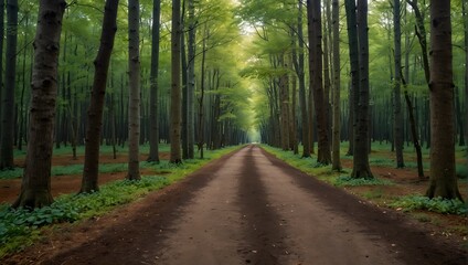 Fototapeta premium A forest pathway lined with trees, each displaying an ombre effect from roots to tips, shifting from earthy browns to vibrant greens ai_generated
