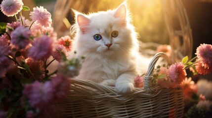 A close-up of a fluffy white kitten with big blue eyes, sitting in a basket surrounded by colorful flowers, bathed in soft sunlight - obrazy, fototapety, plakaty