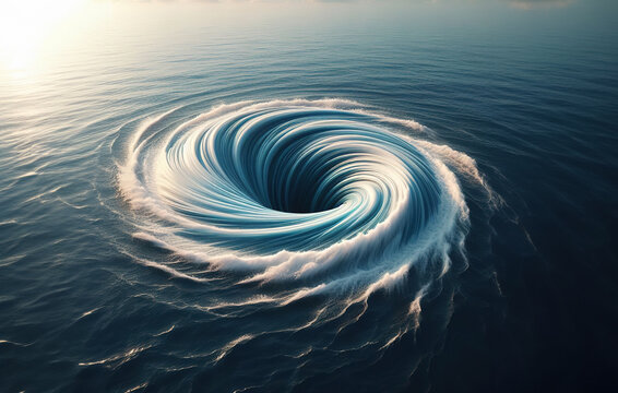 Aerial image of a whirlpool in a marine current.