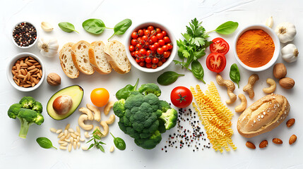 Creative layout made of walnuts, cashew, avocado, tomato, broccoli, bread, pasta, pepper, curcuma, rice and garlic on white background, Flat lay, Food concept, Macro concept