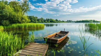 Fototapeta premium Fishing boats on a wooden pier on the river seen from above in summer