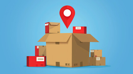 Large box with pile of cardboard parcels, large red location mark on blue background 
