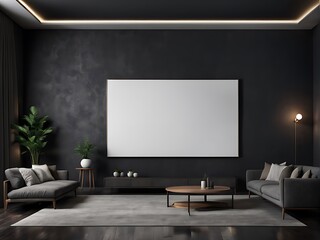  Large empty screen in a living room interior on an empty dark wall background design,3D rendering 