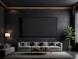  Large empty screen in a living room interior on an empty dark wall background design,3D rendering 