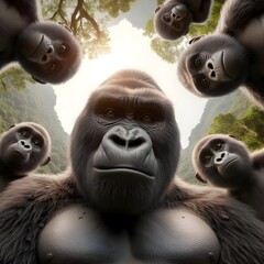 The gorilla is looking suspiciously at the camera lens. - obrazy, fototapety, plakaty