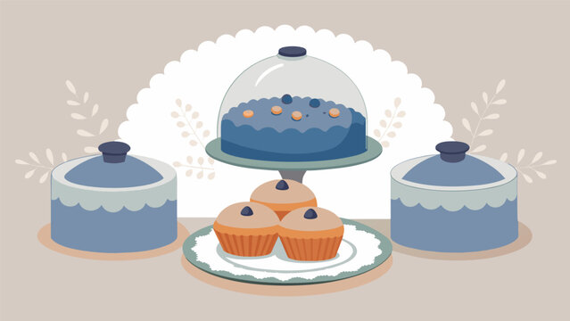 A pair of silver cloches revealing a spread of plump blueberry muffins mini quiches and a selection of artisanal jams and spreads served on a bed of.
