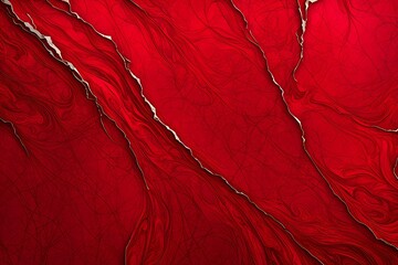 A red and white abstract painting with a red line that is ripped