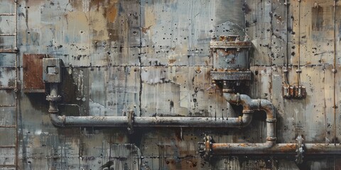 Industrial landscape: bold brushstrokes and dynamic shading capture the raw energy of textured metal with rivets and bolts.
