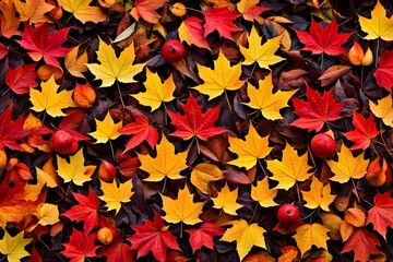 A close up of a pile of autumn leaves with a red apple on top