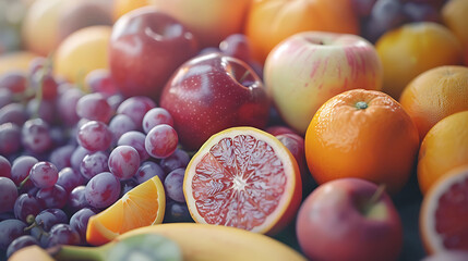  apple and orange, grapefruit and banana, grape and apricot healthy fruit background