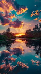 Stunning sunset reflections over peaceful lake