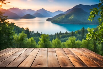 A wooden table with a view of a lake and mountains in the background