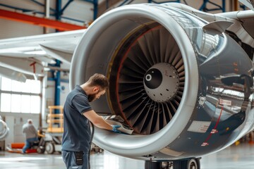 Skilled young airplane mechanic plane check engine avionics hangar industry technology experienced engineer safety scheduled maintenance transportation jet airport repair inspection replacement part - obrazy, fototapety, plakaty