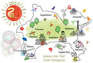 神奈川県の観光地のイラストマップ年賀状2025年
