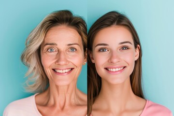 Aging skincare trend and composite portrayal in skin division, highlighting aging treatment option effectiveness in split screen and transitional care depiction.