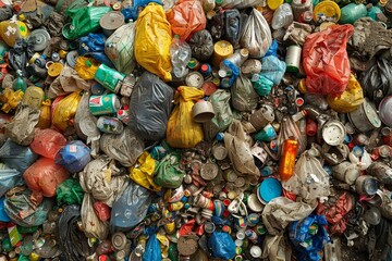 An impactful image highlighting environmental concerns, displaying a vast assortment of waste including plastic bottles, cans, and various debris, all amassed in a chaotic landfill setting.