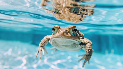Hilarious underwater scene toad in pool plays deep dive action, Ai Generated.