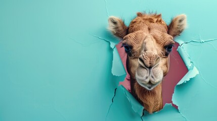 Fototapeta premium A humorous camel peers through a ripped hole in a contrast pastel color paper background, Ai Generated