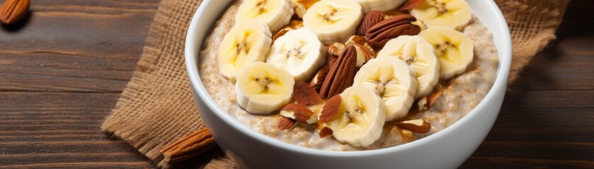A comforting bowl of oatmeal made with glutenfree oats and almond milk, topped with sliced bananas and cinnamon for a soft beige, safe breakfast option