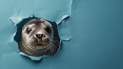 A humorous seal peers through a ripped hole in a contrast pastel color paper background, Ai...