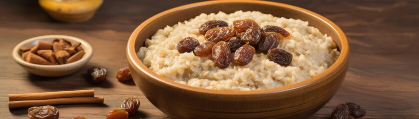 A cozy bowl of oatmeal enriched with chopped dates and a generous swirl of honey, presented in warm brown tones for a hearty, nutritious start