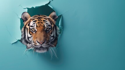 A humorous tiger peers through a ripped hole in a contrast pastel color paper background, Ai...
