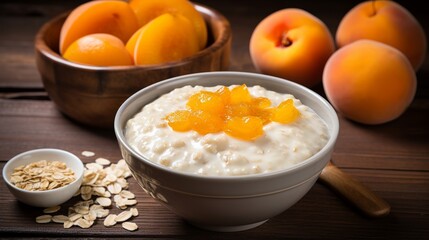 A delightful and wholesome oatmeal setup with bright yellow apricots and a light honey glaze, accompanied by a side of creamy yogurt