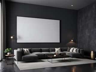  Large empty screen in a living room interior on an empty dark wall background design,3D rendering 
