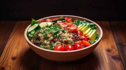 A fresh, appealing salad bowl with proteinrich quinoa and an abundance of vegetableheavy toppings in deep greens, dressed lightly for flavor