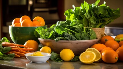 A healthfocused kitchen scene with a variety of unprocessed, fresh vegetables and a bowl of vibrant oranges, ready for a nutritious meal