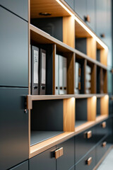 Closeup of a sleek, modern office cabinet stands against a wall, its clean lines and minimalist design exuding professionalism. 