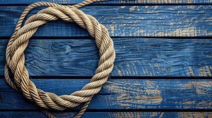 Fototapeta premium Nautical background featuring a rope shaped as a circle on a wood backdrop. Ai Generated.