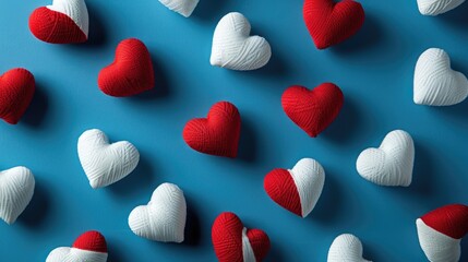 Red and white hearts scattered on a blue background, celebrating Valentine's Day. Ai Generated.